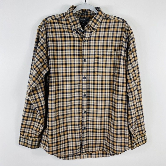 Eddie Bauer Medium Plaid Flannel Classic Fit Long Sleeve Button Shirt Tan Blue - Picture 1 of 4